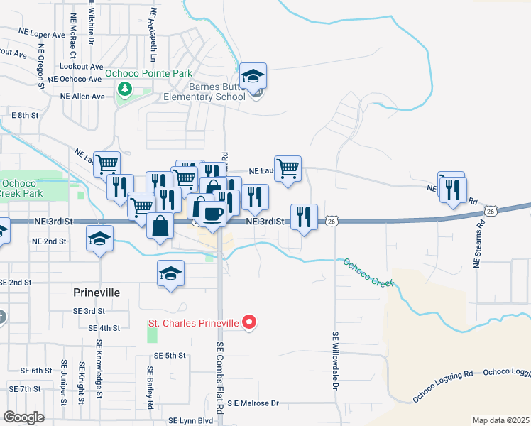 map of restaurants, bars, coffee shops, grocery stores, and more near 1871 Northeast 3rd Street in Prineville