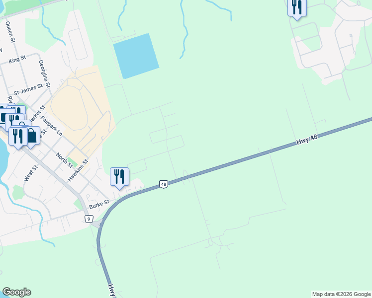 map of restaurants, bars, coffee shops, grocery stores, and more near 26264-26598 Ontario 48 in Georgina