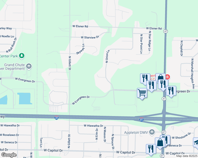 map of restaurants, bars, coffee shops, grocery stores, and more near 1275 Beau Ryan Court in Appleton