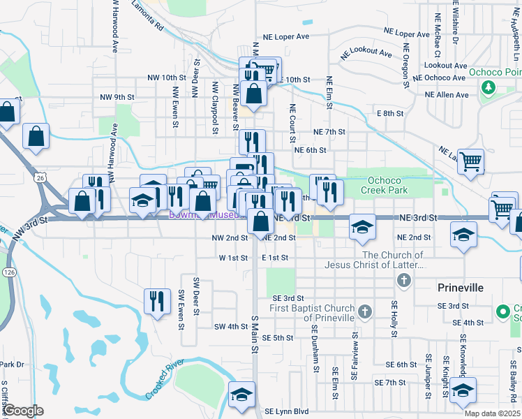 map of restaurants, bars, coffee shops, grocery stores, and more near 185 Northeast 4th Street in Prineville