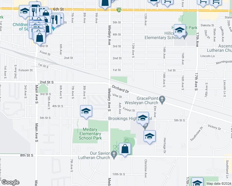 map of restaurants, bars, coffee shops, grocery stores, and more near 1017 Vine Street in Brookings