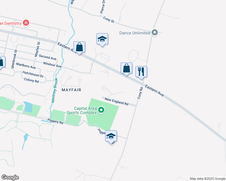map of restaurants, bars, coffee shops, grocery stores, and more near 45 New England Road in Augusta