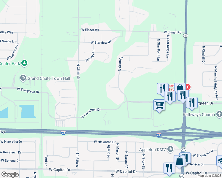 map of restaurants, bars, coffee shops, grocery stores, and more near 1339 Beau Ryan Court in Appleton