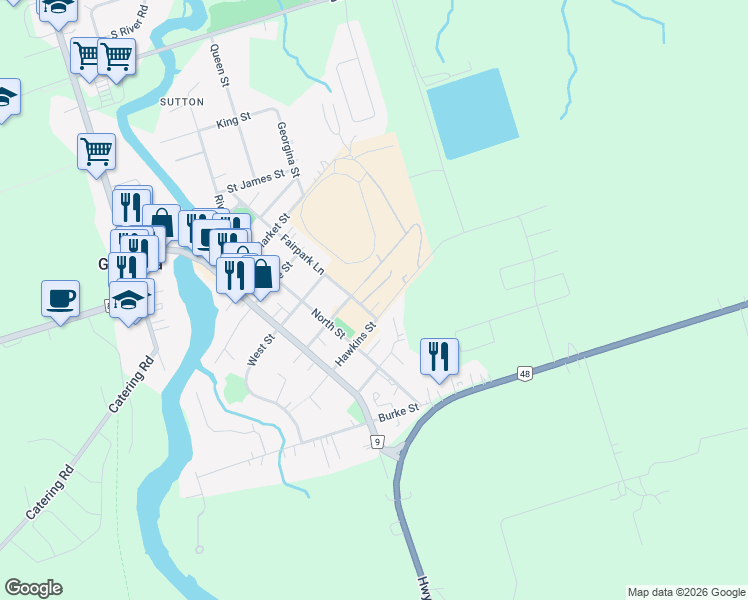 map of restaurants, bars, coffee shops, grocery stores, and more near 3 Fairpark Lane in Georgina
