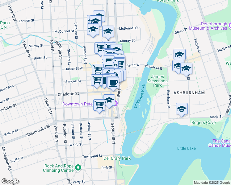 map of restaurants, bars, coffee shops, grocery stores, and more near in Peterborough