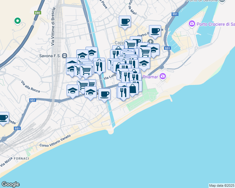 map of restaurants, bars, coffee shops, grocery stores, and more near 21 Corso Agostino Ricci in Savona