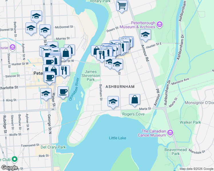 map of restaurants, bars, coffee shops, grocery stores, and more near in Peterborough