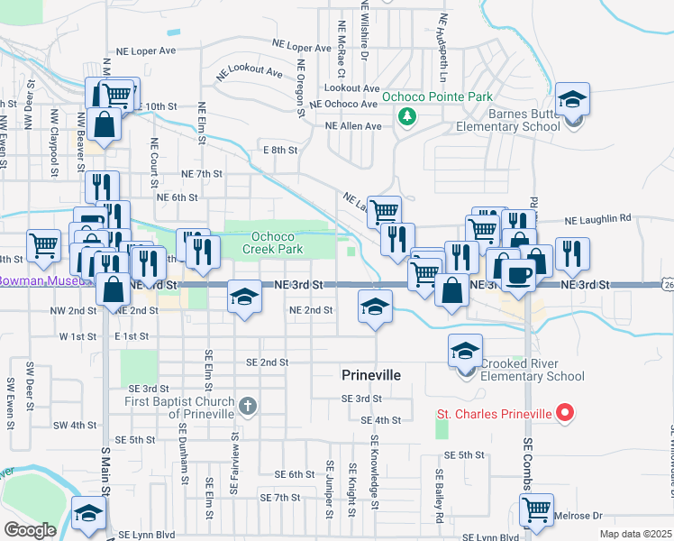 map of restaurants, bars, coffee shops, grocery stores, and more near 480 Northeast Juniper Street in Prineville