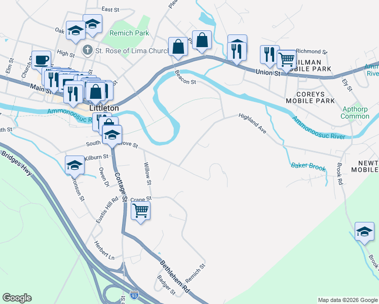 map of restaurants, bars, coffee shops, grocery stores, and more near 192 Highland Ave in Littleton