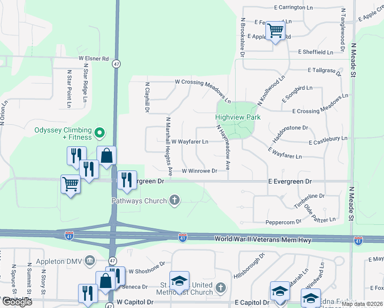 map of restaurants, bars, coffee shops, grocery stores, and more near 303 West Wayfarer Lane in Appleton