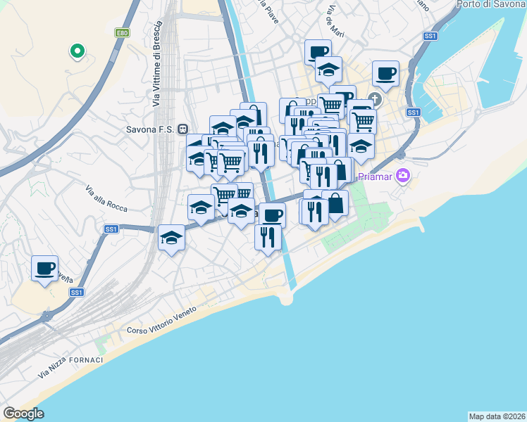 map of restaurants, bars, coffee shops, grocery stores, and more near Corso Mazzini in Savona