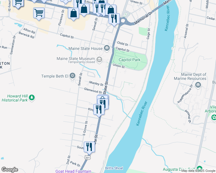 map of restaurants, bars, coffee shops, grocery stores, and more near 241 State Street in Augusta