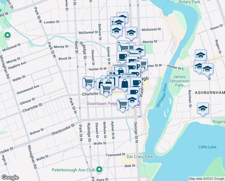 map of restaurants, bars, coffee shops, grocery stores, and more near 209 Simcoe Street in Peterborough