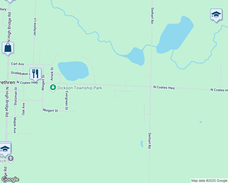 map of restaurants, bars, coffee shops, grocery stores, and more near 14771 North Coates Highway in Brethren