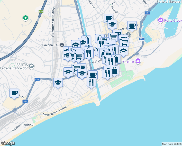 map of restaurants, bars, coffee shops, grocery stores, and more near Corso Giuseppe Mazzini in Savona