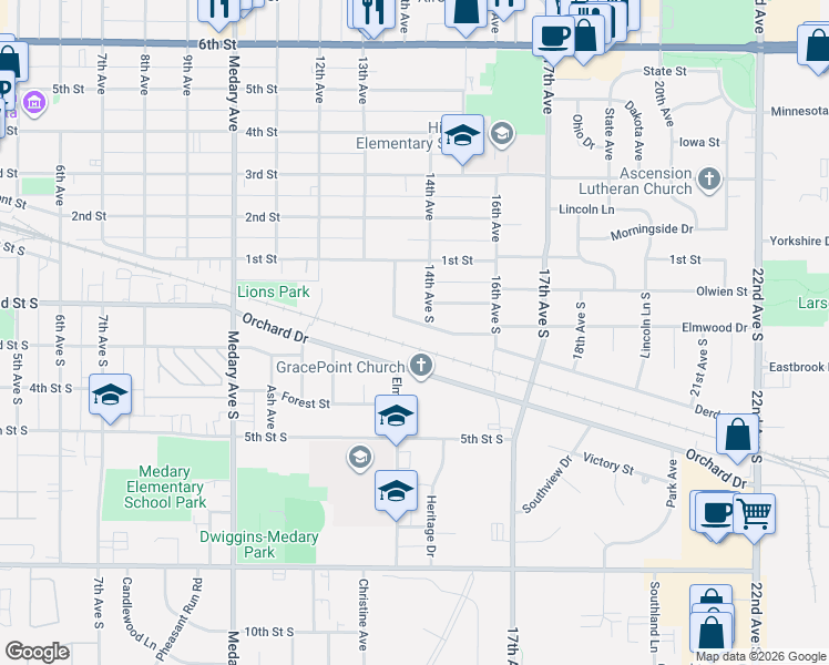map of restaurants, bars, coffee shops, grocery stores, and more near 1301-1399 Legeros Drive in Brookings