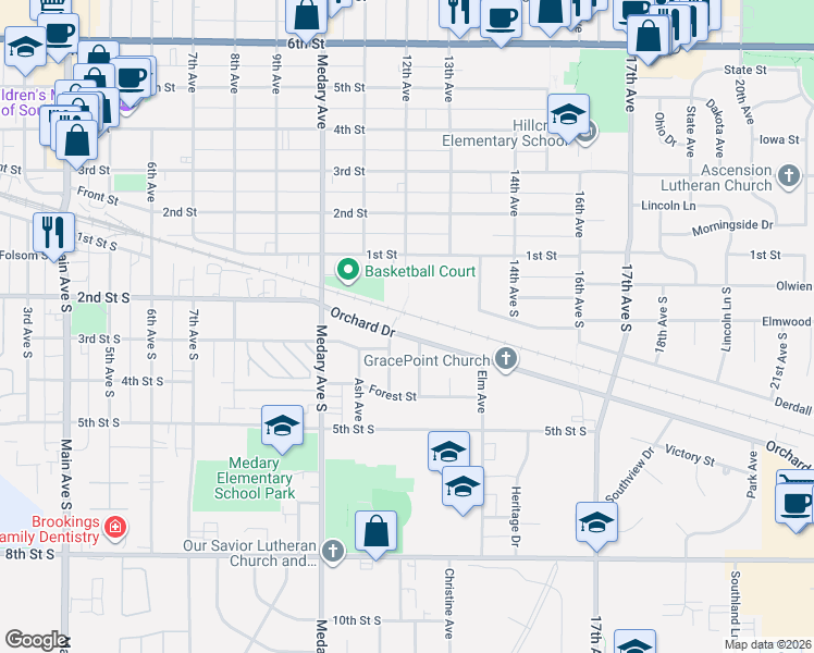 map of restaurants, bars, coffee shops, grocery stores, and more near 131 12th Avenue South in Brookings