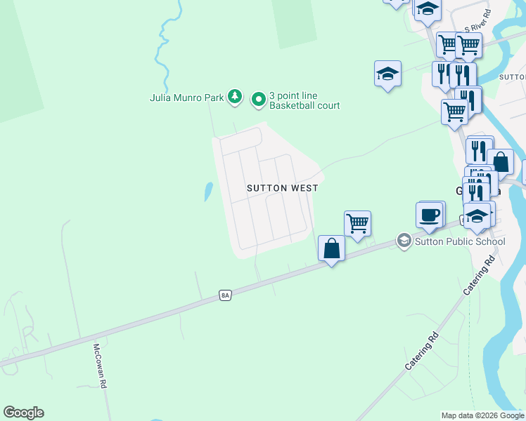 map of restaurants, bars, coffee shops, grocery stores, and more near 36 Wyndham Circle in Georgina