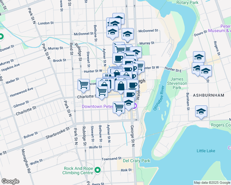 map of restaurants, bars, coffee shops, grocery stores, and more near 209 Simcoe Street in Peterborough
