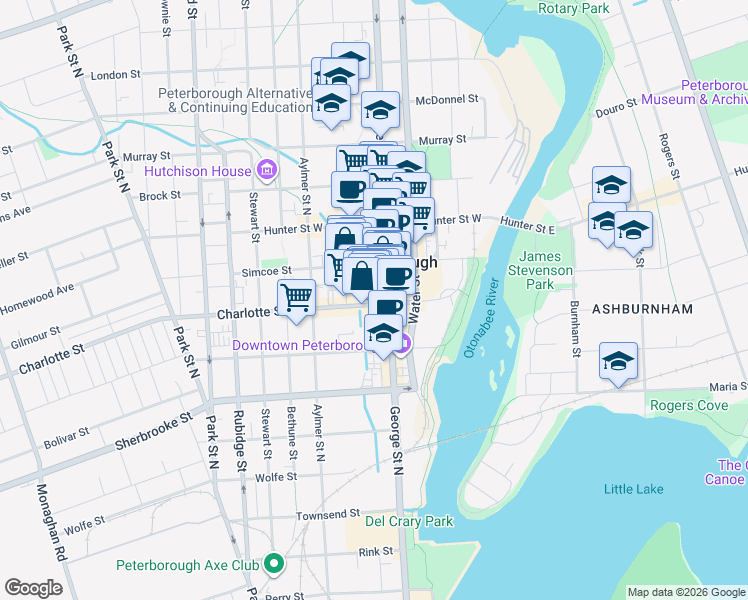 map of restaurants, bars, coffee shops, grocery stores, and more near 168 Charlotte Street in Peterborough