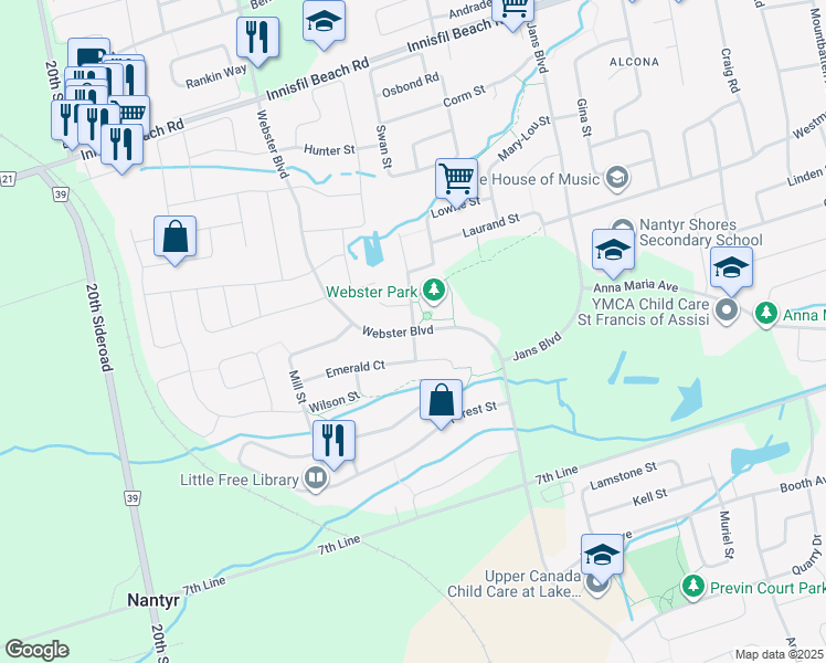 map of restaurants, bars, coffee shops, grocery stores, and more near Webster Boulevard in Innisfil