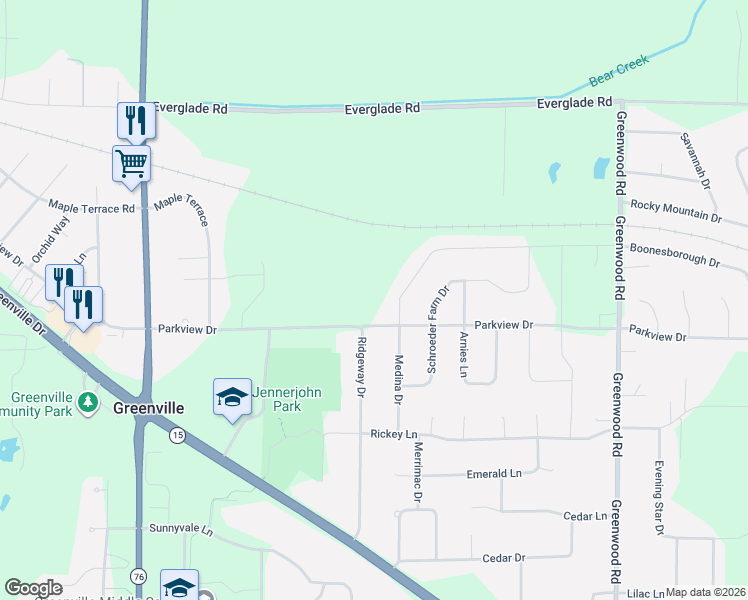map of restaurants, bars, coffee shops, grocery stores, and more near N1727 Medina Drive in Greenville