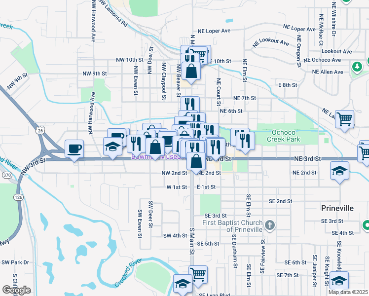 map of restaurants, bars, coffee shops, grocery stores, and more near 405 North Main Street in Prineville