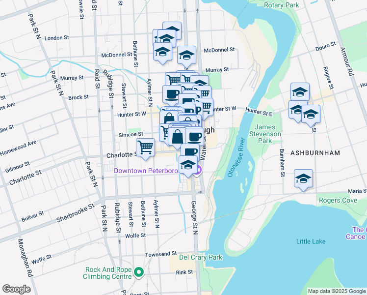 map of restaurants, bars, coffee shops, grocery stores, and more near in Peterborough