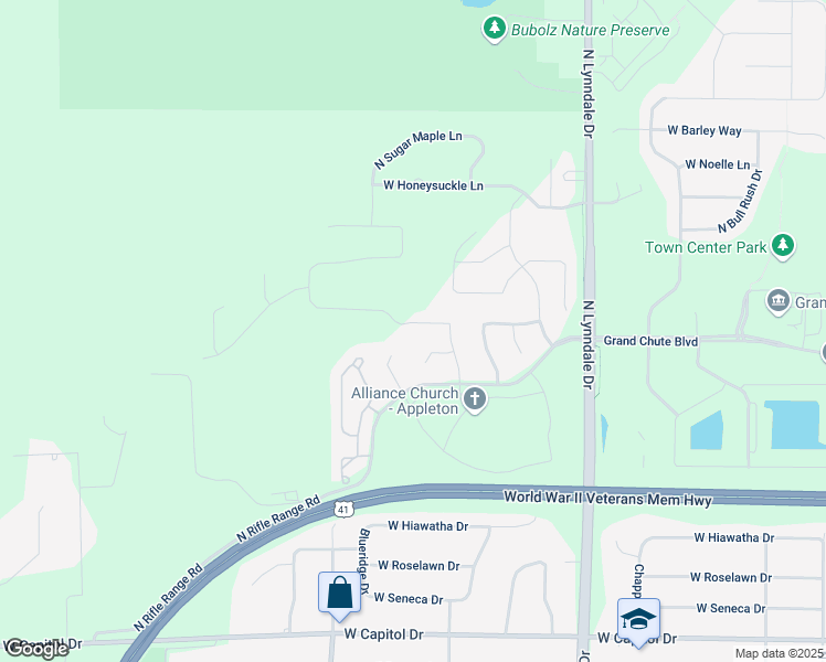 map of restaurants, bars, coffee shops, grocery stores, and more near 2869 Warner Estates Drive in Appleton