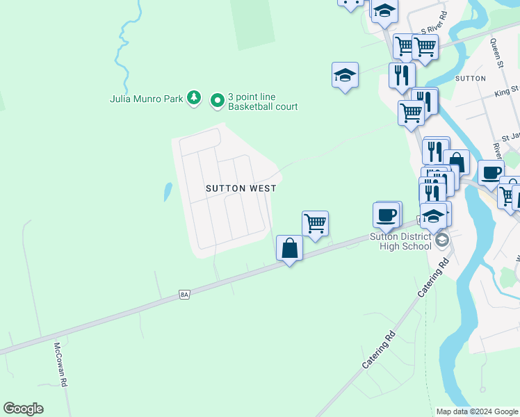 map of restaurants, bars, coffee shops, grocery stores, and more near 90 Bramsey Street in Georgina