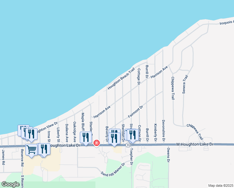 map of restaurants, bars, coffee shops, grocery stores, and more near Houghton Beach Drive in Houghton Lake