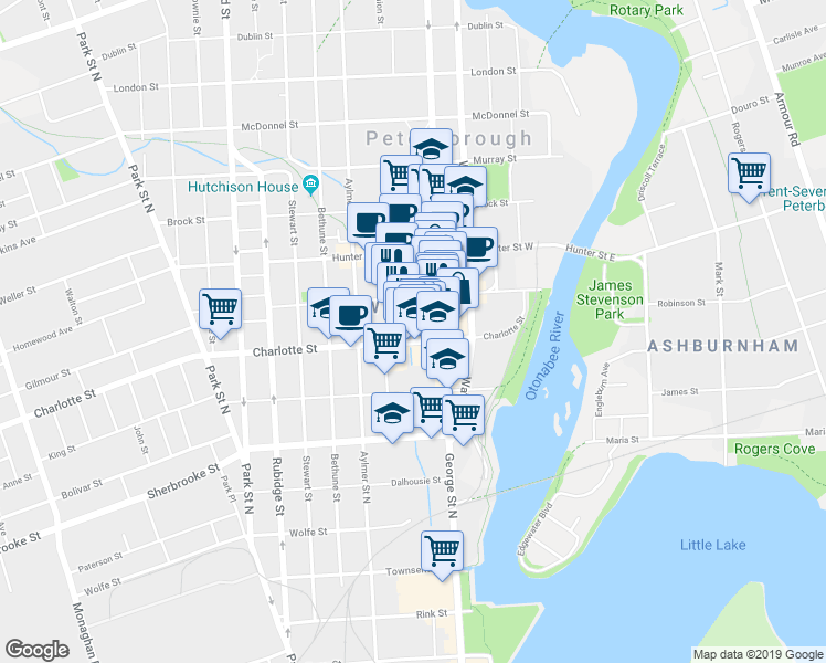 map of restaurants, bars, coffee shops, grocery stores, and more near 180 Charlotte Street in Peterborough