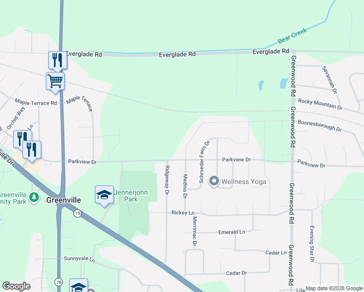 map of restaurants, bars, coffee shops, grocery stores, and more near N1727 Medina Drive in Greenville