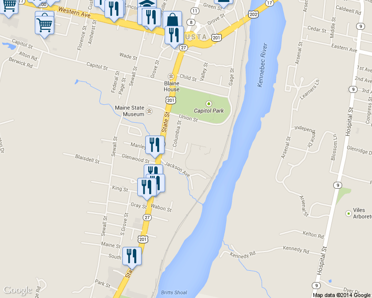 map of restaurants, bars, coffee shops, grocery stores, and more near 17 Birchwood Rd in Augusta