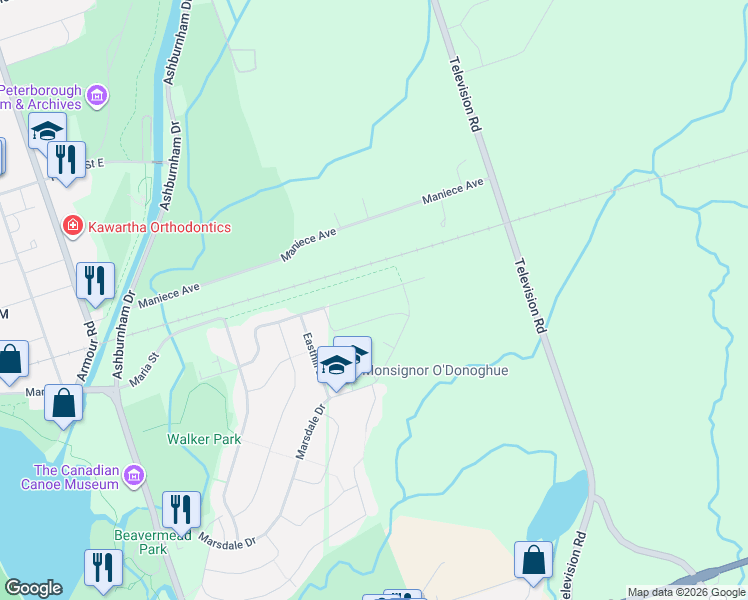 map of restaurants, bars, coffee shops, grocery stores, and more near 2679 Foxmeadow Road in Peterborough