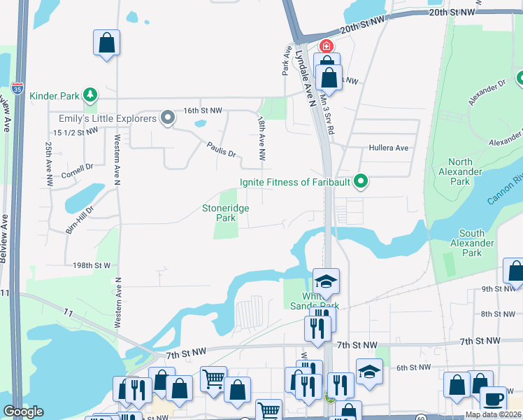 map of restaurants, bars, coffee shops, grocery stores, and more near 1211 18th Avenue Court Northwest in Faribault