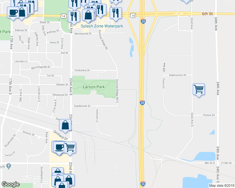map of restaurants, bars, coffee shops, grocery stores, and more near 289 Sunrise Ridge Road South in Brookings