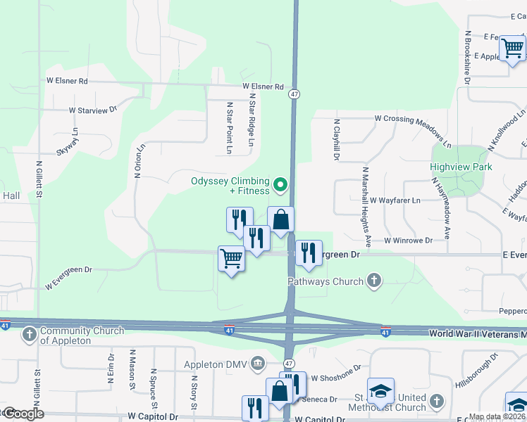 map of restaurants, bars, coffee shops, grocery stores, and more near 4221 N Richmond St in Appleton