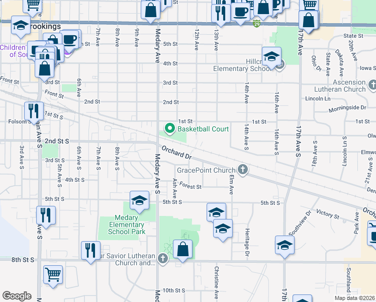 map of restaurants, bars, coffee shops, grocery stores, and more near 1121 Orchard Drive in Brookings