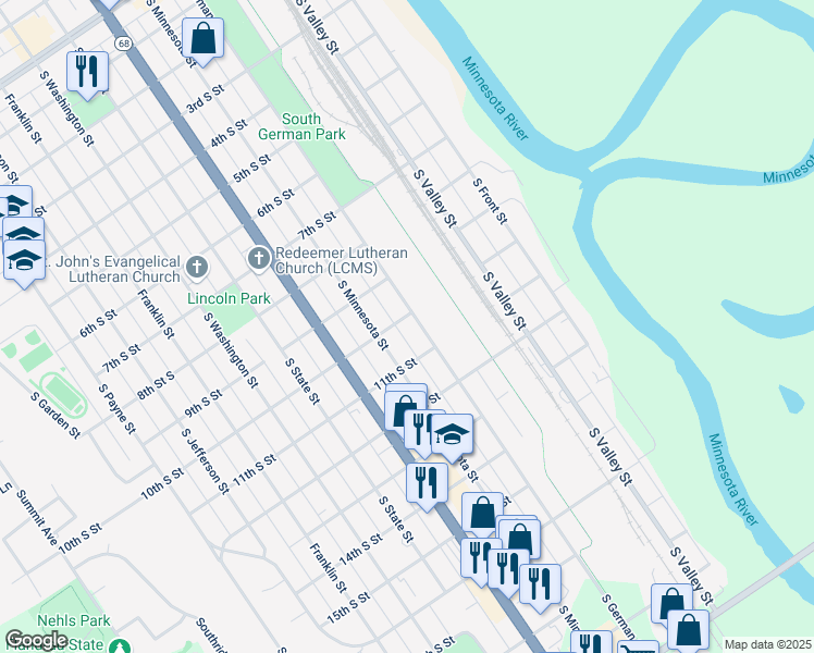 map of restaurants, bars, coffee shops, grocery stores, and more near 408 10th Street South in New Ulm