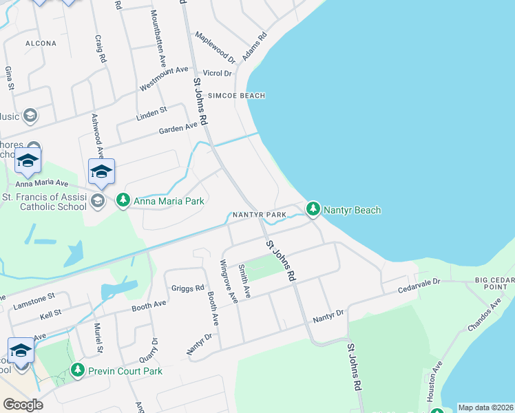 map of restaurants, bars, coffee shops, grocery stores, and more near 1814 Simcoe Boulevard in Innisfil
