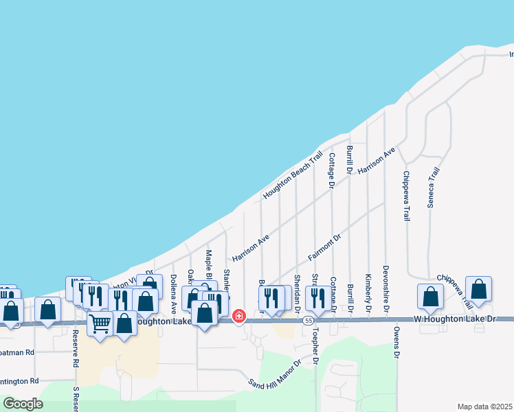 map of restaurants, bars, coffee shops, grocery stores, and more near 322 Beverly Drive in Houghton Lake