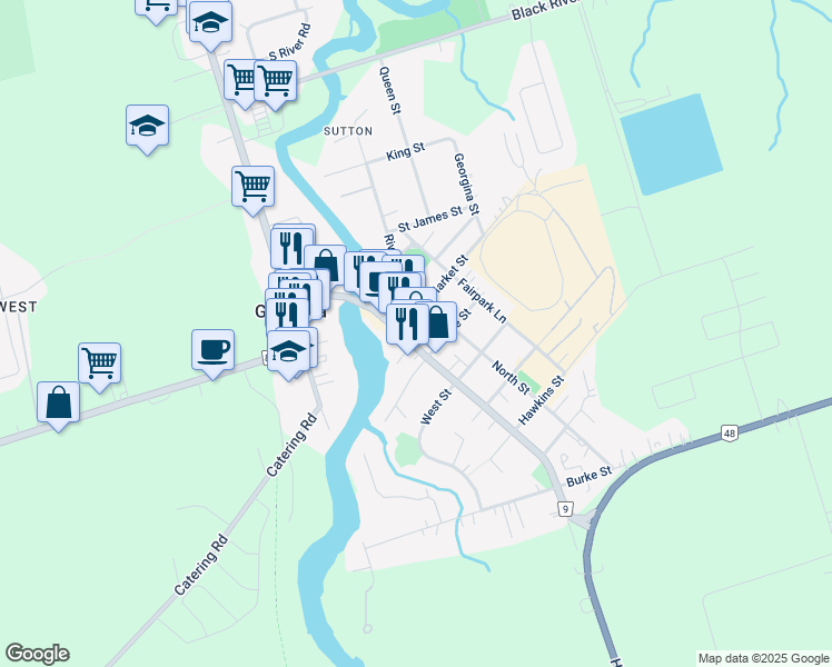 map of restaurants, bars, coffee shops, grocery stores, and more near 111 High Street in Georgina