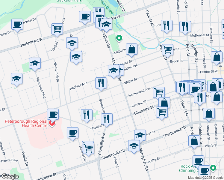 map of restaurants, bars, coffee shops, grocery stores, and more near 627 Weller Street in Peterborough