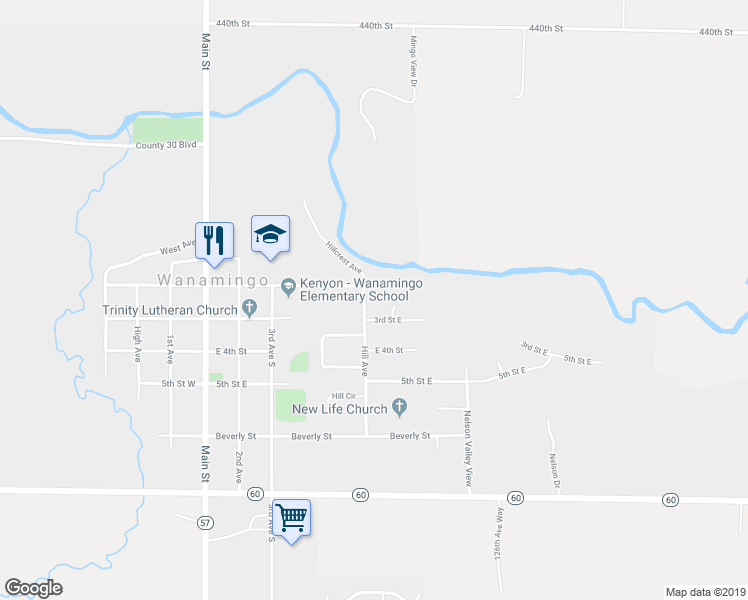 map of restaurants, bars, coffee shops, grocery stores, and more near 217 Hill Avenue in Wanamingo