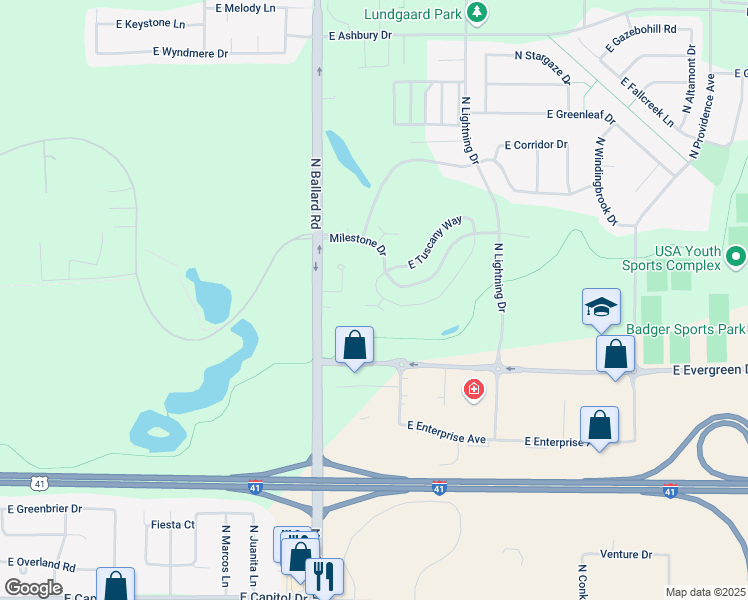 map of restaurants, bars, coffee shops, grocery stores, and more near 2137 East Sienna Way in Appleton