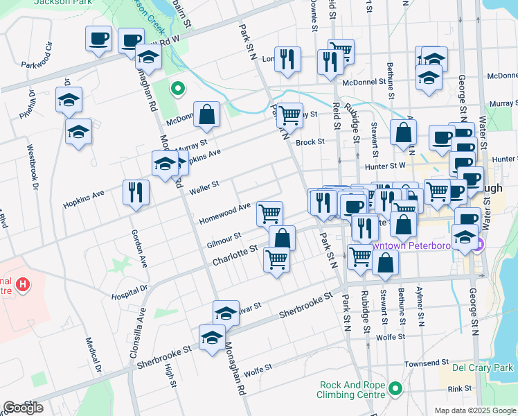 map of restaurants, bars, coffee shops, grocery stores, and more near 511 Homewood Avenue in Peterborough