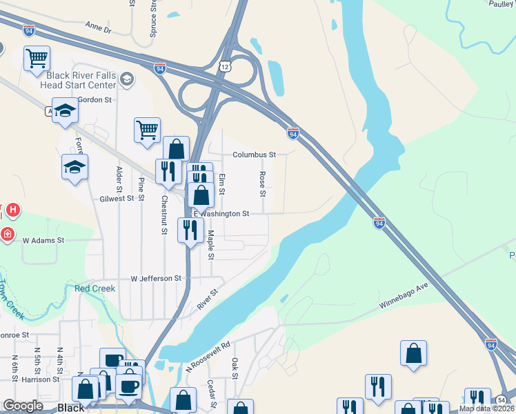 map of restaurants, bars, coffee shops, grocery stores, and more near 606 Rose Street in Black River Falls