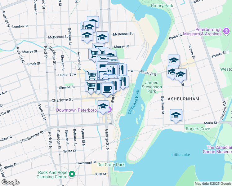 map of restaurants, bars, coffee shops, grocery stores, and more near 320 Water Street in Peterborough