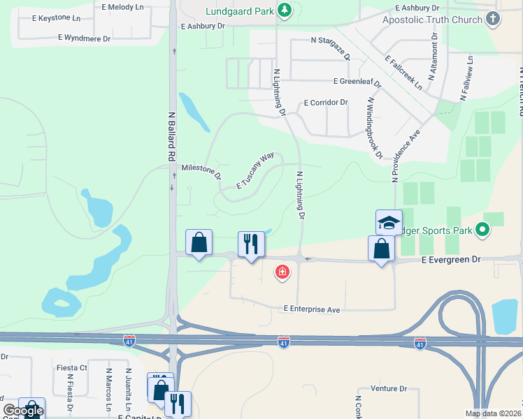 map of restaurants, bars, coffee shops, grocery stores, and more near 2305 East Sienna Way in Appleton